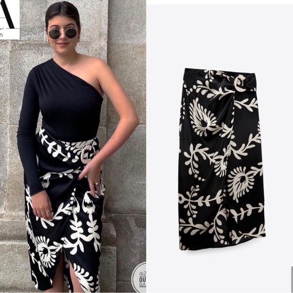 Zara satin midi skirt — Black & white side buckle detail — paisley floral print - Picture 8 of 9